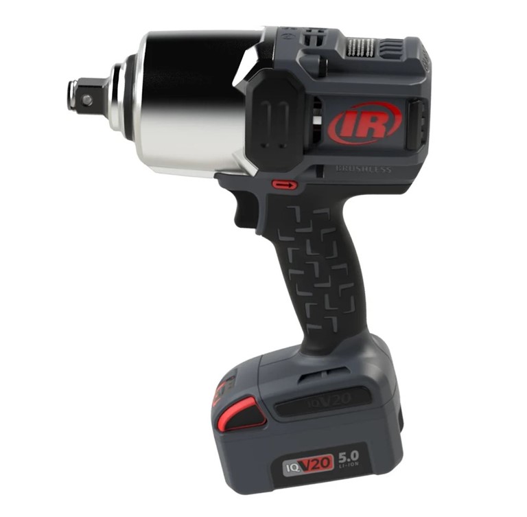 Ingersoll Rand W8191 Impact Wrench tool product photo with grey and red Ingersoll Rand impact gun with battery attached.