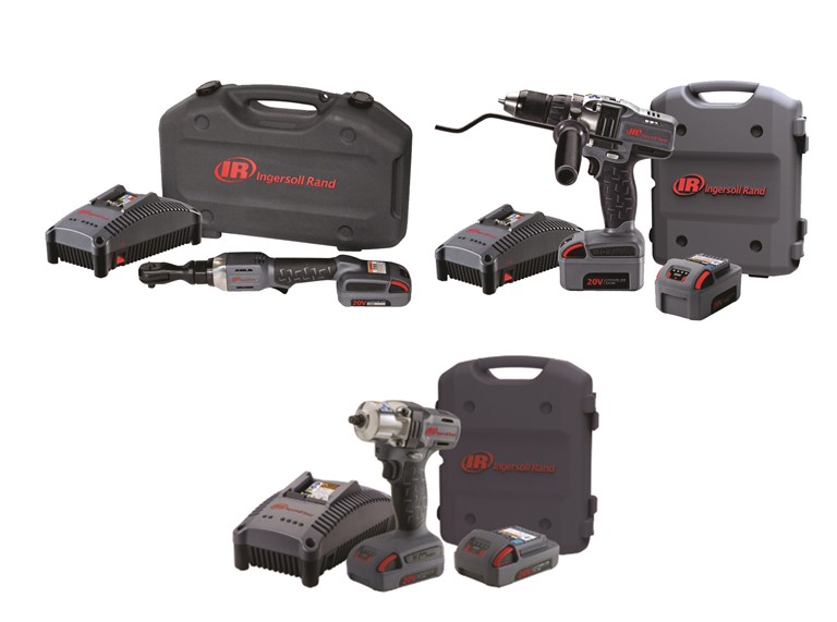 Ingersoll Rand IQv20 Impact Wrench Kits product images including 3 images of Ingersoll rand Iqv20 range with batteries, chargers and cases.