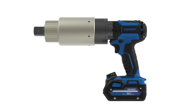 Product photo of the Geodore LDA Battery Torque Multiplier Tool, full torque multiplier tool with battery pack and multiplier head. tool in blue with transparent background. 