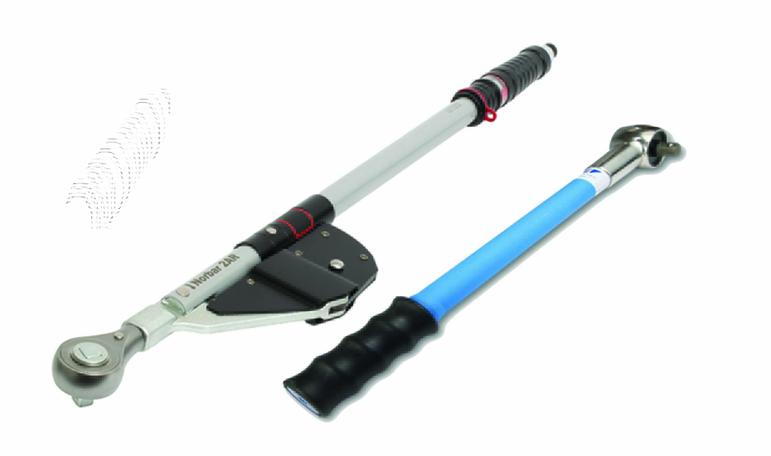 Product image of a hand torque wrench for hire.  Norbar torque wrench with ratchet head and blue wrench extension bar. 