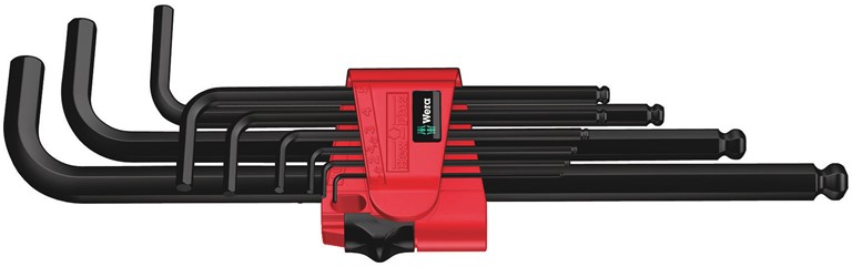 Wera Hex Key set product photo. Showing a 9 piece Metric set of Allen Keys with red holder clip and Wera Hex Key Plus design.