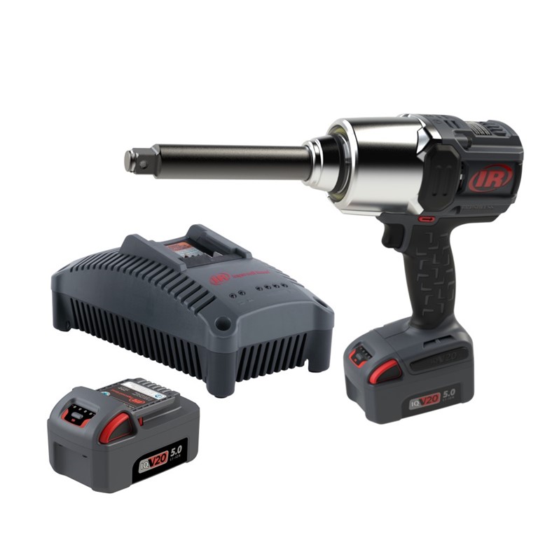 Ingersoll Rand W8571 Impact Tool Kit product photo, with grey and red Ingersoll Rand impact driver with extended drive, spare batterers and battery charger on white background.