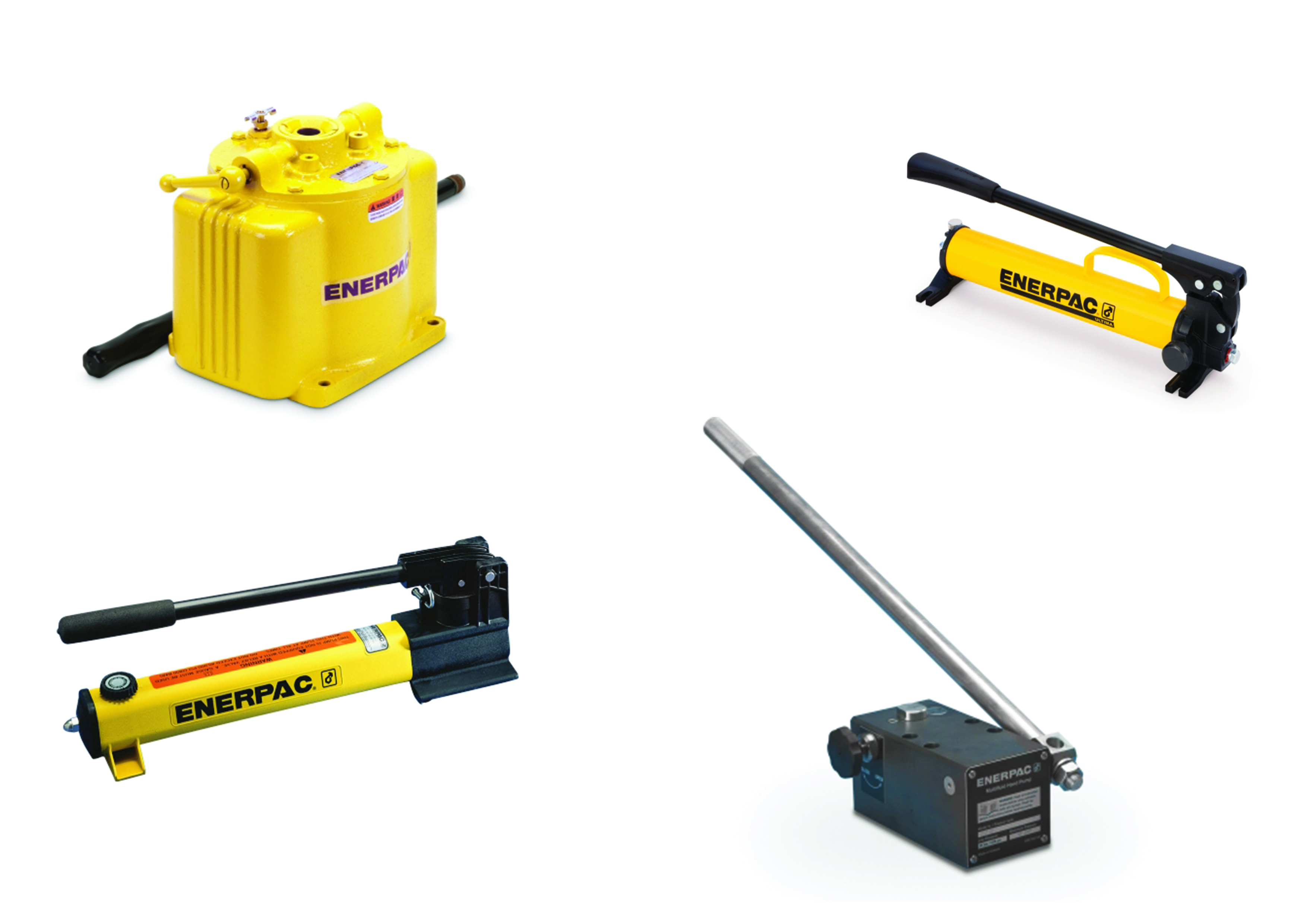 Enerpac hand pumps product photo showing a range of different Enerpac hand pumps and Enerpac foot pumps.