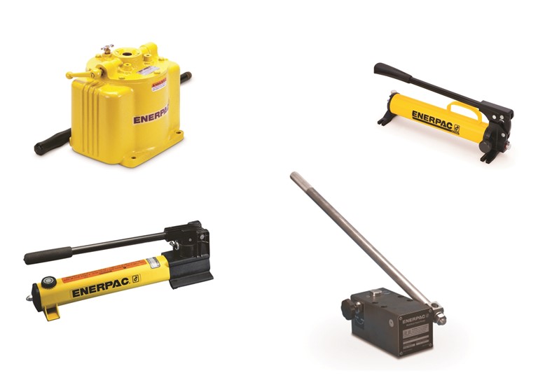 Enerpac hand pumps product photo showing a range of different Enerpac hand pumps and Enerpac foot pumps.