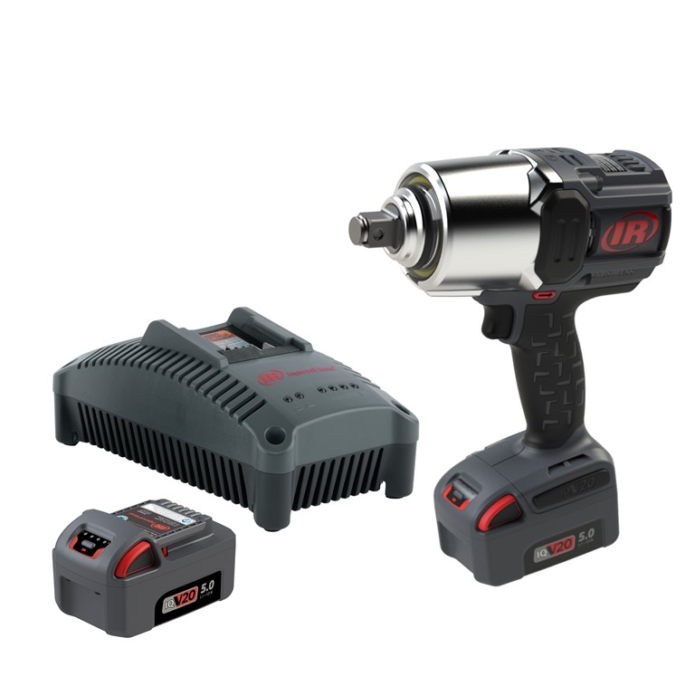 Ingersoll Rand W8171 Impact Wrench Kit Product photo. Showing the grey and red Ingersoll Rand impact driver complete with chargers and batteries on a white background.