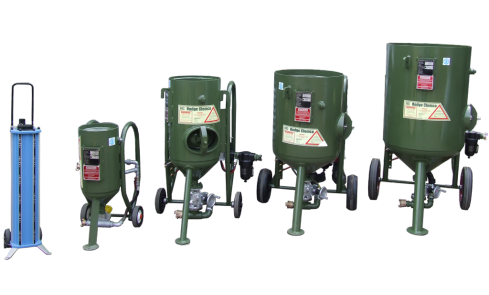 Product line up of blue and green Hodge Clemco Blast and Abrasive Cleaning Machines on transparent background. 