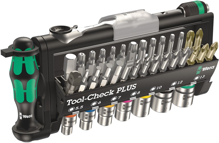 Wera Tool-Check PLUS (Zyklop)  39 Piece Set – Product photo showing full set with green handles and colour coded socket bits