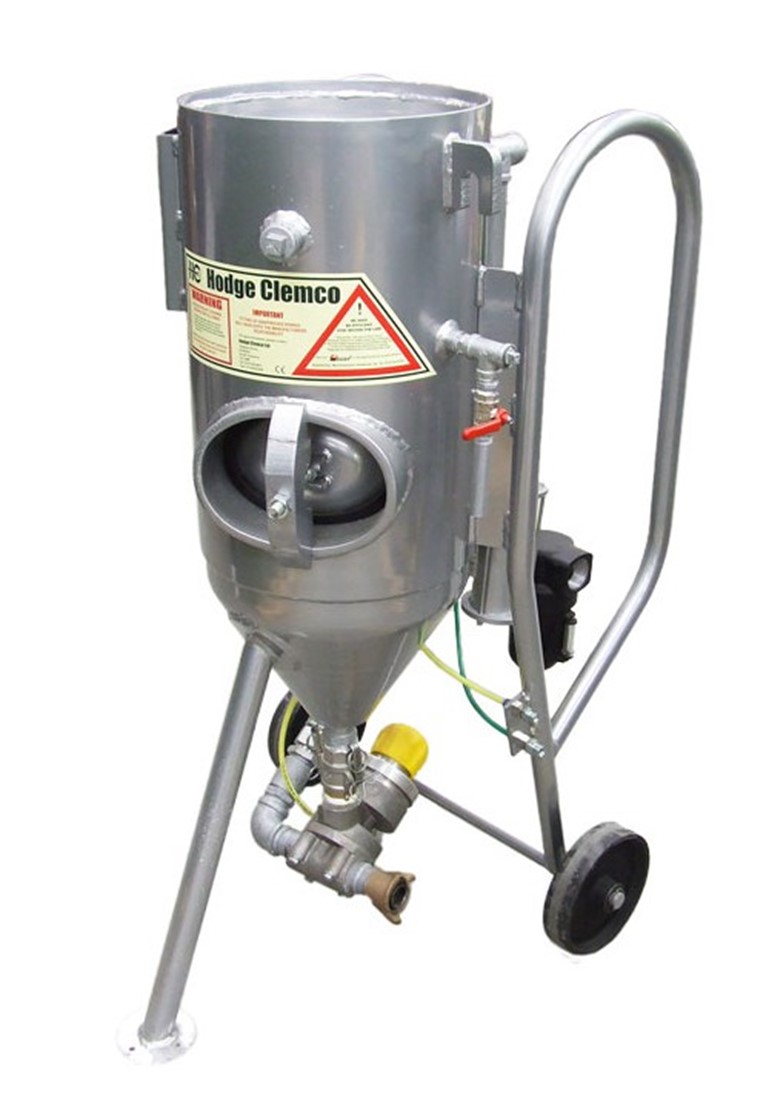 Product image of the Wet and Dry Blasting Machine by Hodge Clemco. Silver AquaGrit Aqua Blasting Machine full set up and ready to use on a white background.