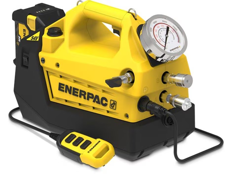 Enerpac Battery Hydraulic Torque Pump in Enerpac branded yellow product image on white background.
