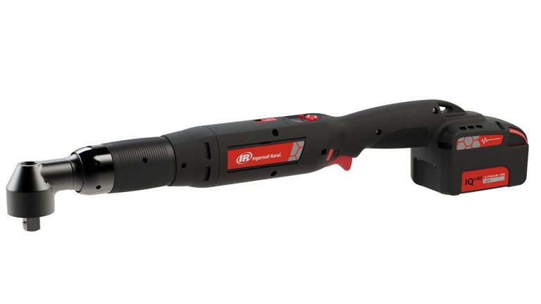 Ingersoll Rand IQV40 High Torque Wrench Tools for hire and purchase being demonstrated via a product photo. Black battery angle wrench with red logo
