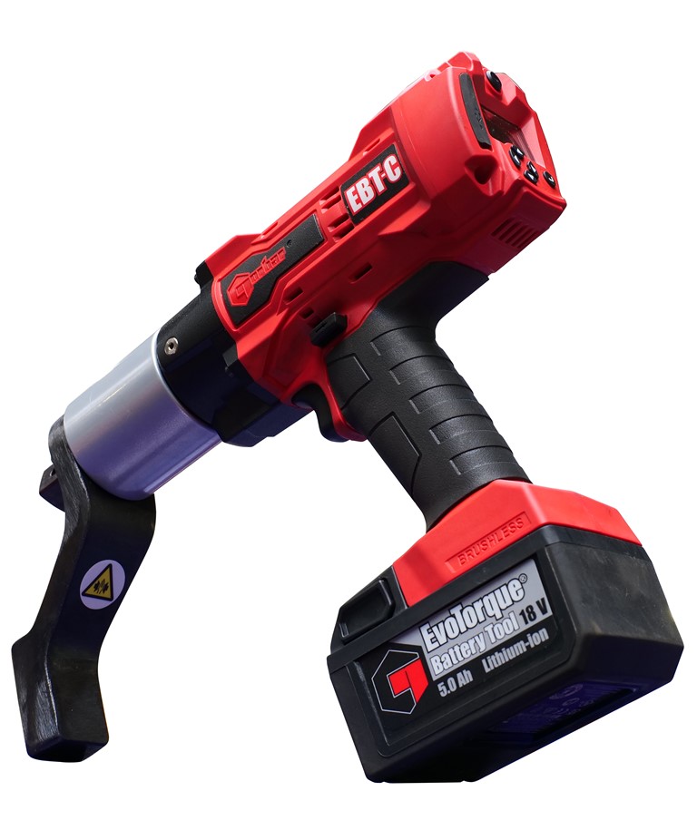 Norbar EBT C Battery Torque Multiplier with chargers and batteries Product photo with EVOTorque Battery 5.0Ah Lithium ion , Standard reaction arm on red bodied Norbar Multiplier with Digital display readout. 