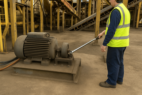 Industrial worker using a torque wrench to torque up a motor bolt