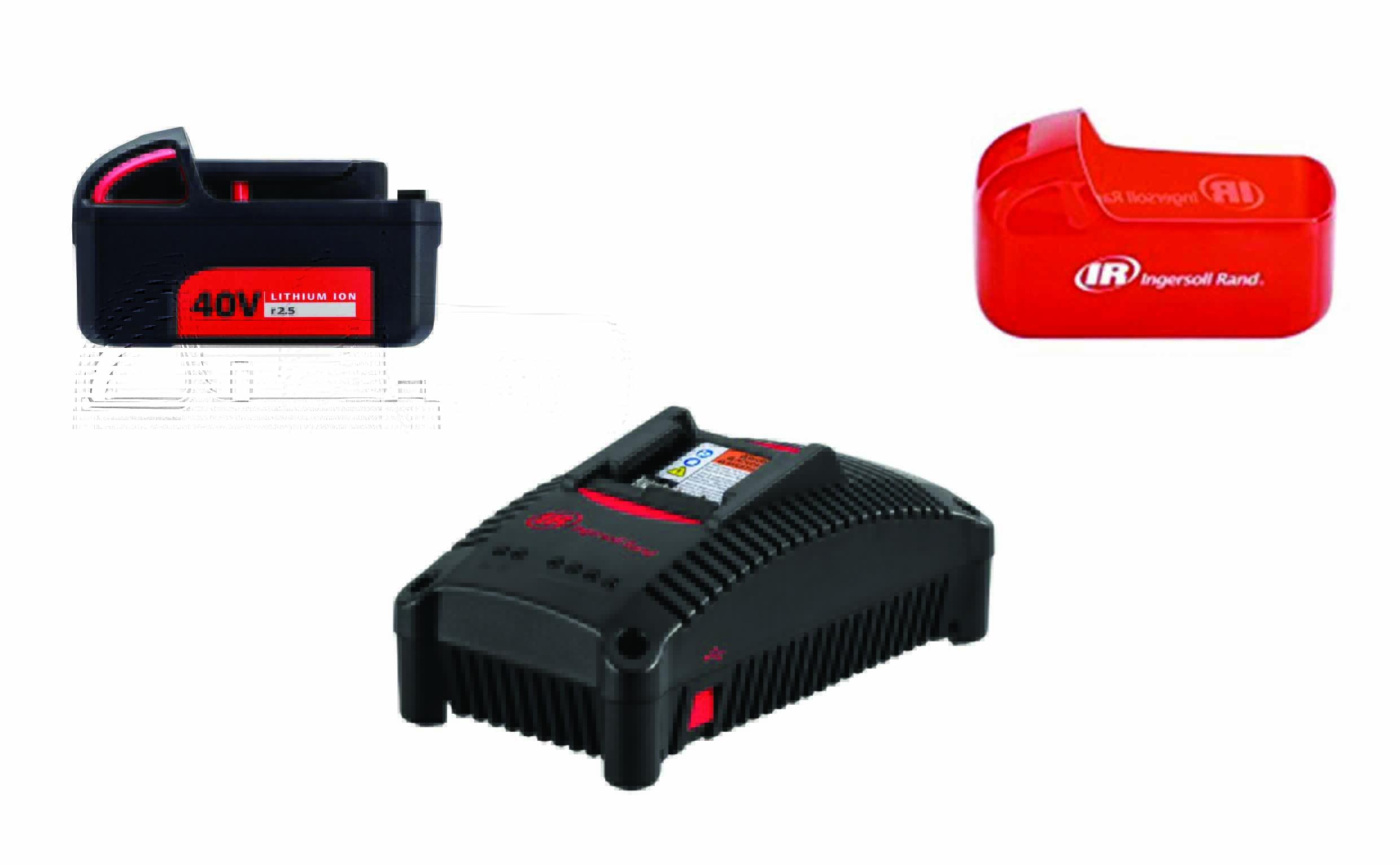 Product photo of Ingersoll Rand batteries and chargers on a white background. showing grey and red chargers and batteries. the 