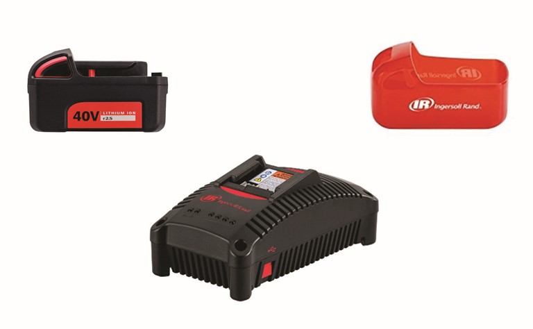 Product photo of Ingersoll Rand batteries and chargers on a white background. showing grey and red chargers and batteries. the