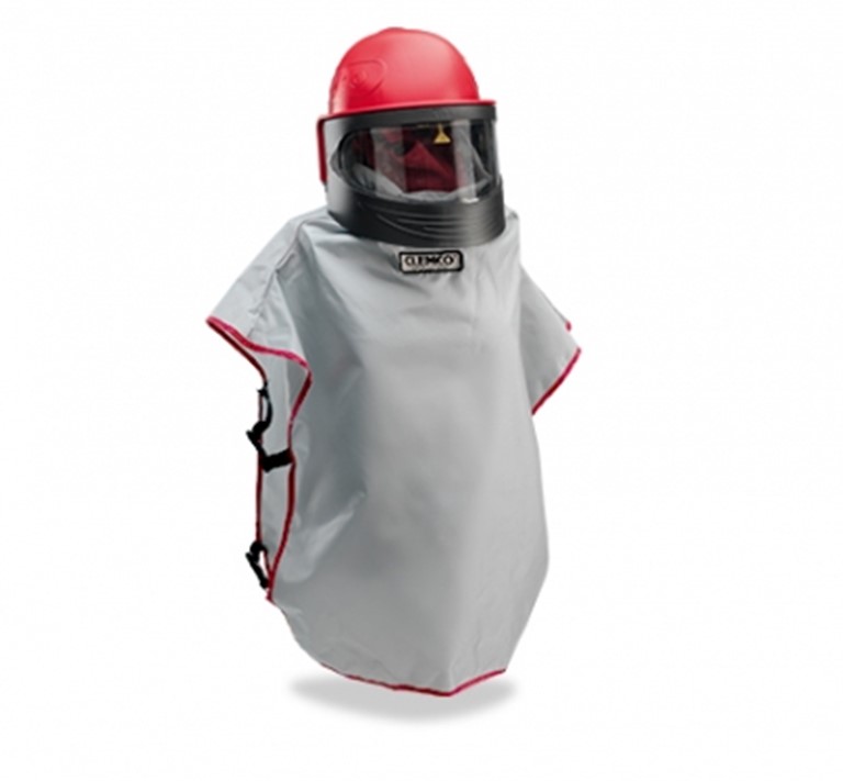 Product image of the Hodge Clemco Apollo 600 Shot Blast Helmet. Complete with red helmet tinted visor and grey cape modelled on an invisible rack.