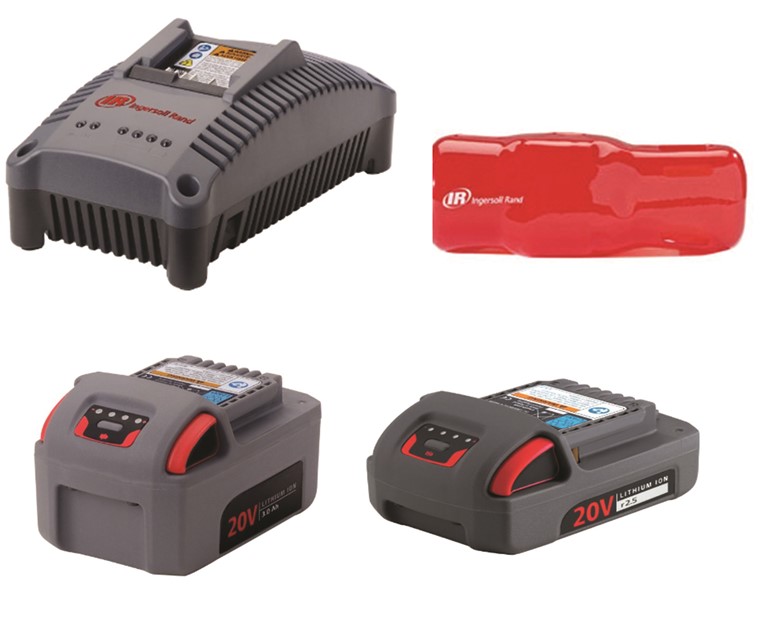 Ingersoll Rand IQV20 series battery, charger and accessory product photos. A combination of the accessory product line-up on a white background.  