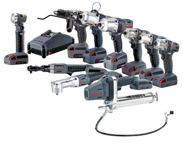 Ingersoll Rand Iqv20 Battery tool range. Full product images including impact wrenches, drills, grease guns, torches and chargers. product images on a transparent background. 