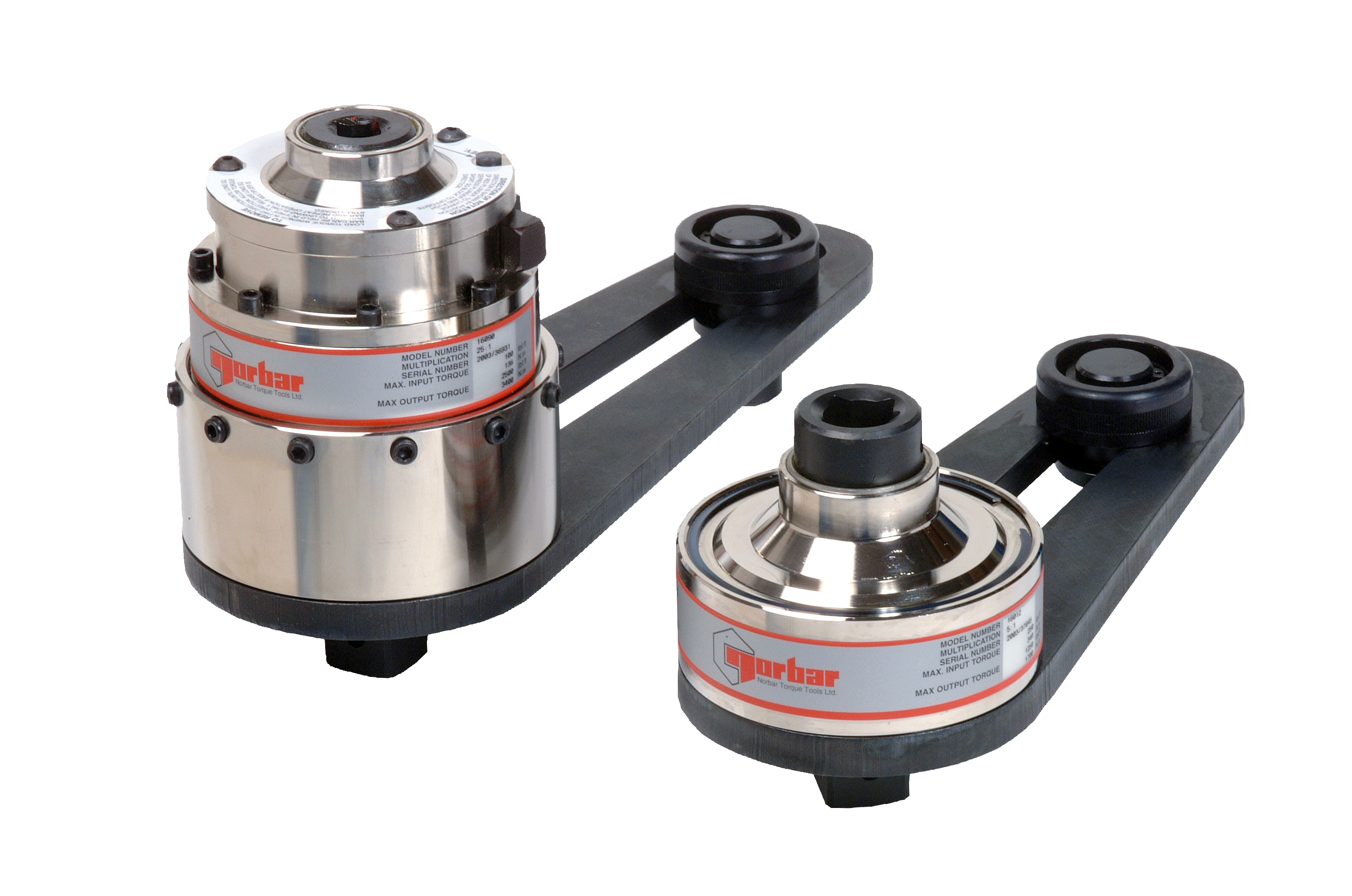 Hand torque multiplier wrenches product photo. Norbar multi torque wrenches with black plates and silver coloured gearing