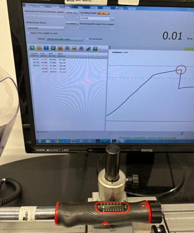 Side-by-side comparison of two torque wrenches being tested, with one showing inconsistent torque readings on a digital gauge and the other showing stable readings, demonstrating the difference in accuracy.
