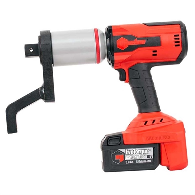 Norbar EBT Battery Torque Multiplier Wrench product photo in black and red with 5.0ah lithium-ion battery from the EVO Torque Range.