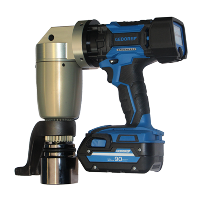 Gedore LDA/LAW Solution Battery Torque Multiplier. Product photo of LAW Solution angled version in Gedore branded blue and black with Torque reaction arm, digital display and battery. 