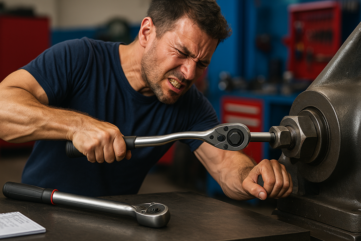 Close-up of a mechanic using a torque wrench, illustrating common mistakes in torque application and the importance of correct technique for safety and precision.