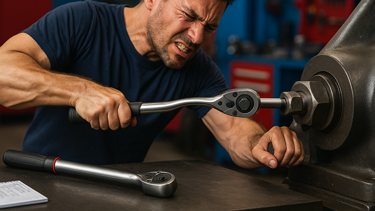 Close-up of a mechanic using a torque wrench, illustrating common mistakes in torque application and the importance of correct technique for safety and precision.