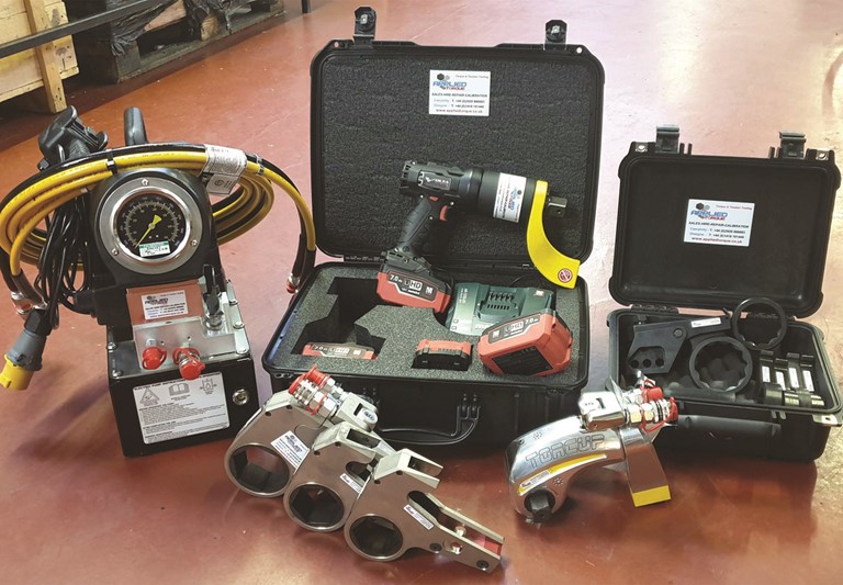 Torque Tool Hire Demonstration image with custom built hydraulic Torup pumps, impact wrenches and torque multipliers for sale in the Applied Torque workshop