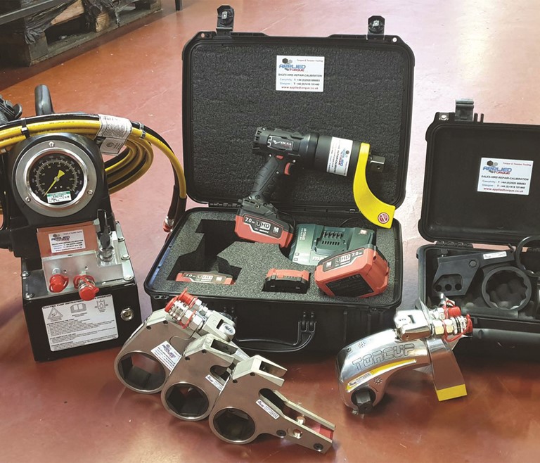 Torque Tool Hire Demonstration image with custom built hydraulic Torup pumps, impact wrenches and torque multipliers for sale in the Applied Torque workshop