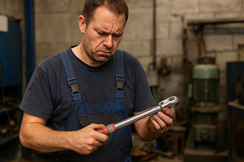 Frustrated technician examining a faulty torque wrench